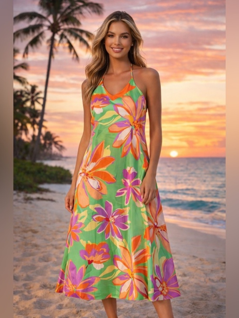 NWT Floral Halter Midi Dress XS Flowy Resort Vacation Tropical Summer